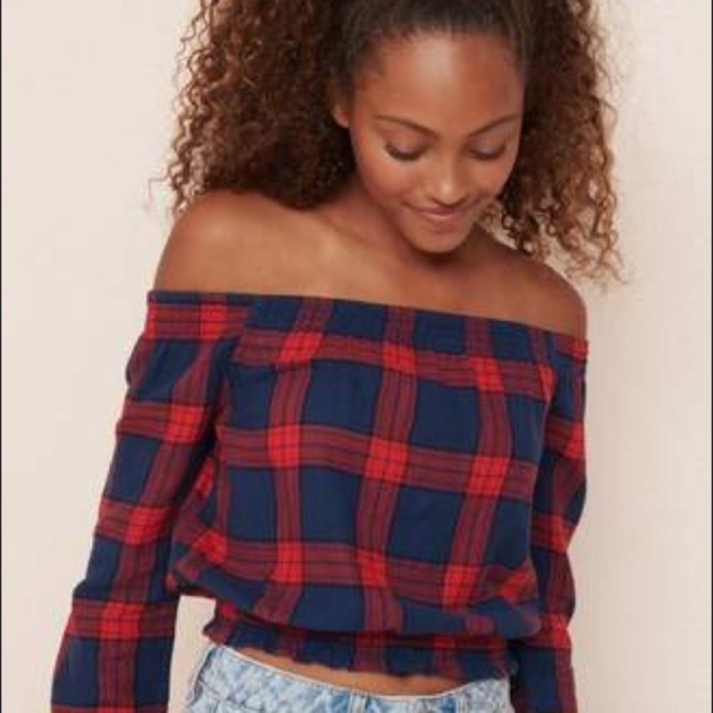 Garage Plaid Off the Shoulder Top